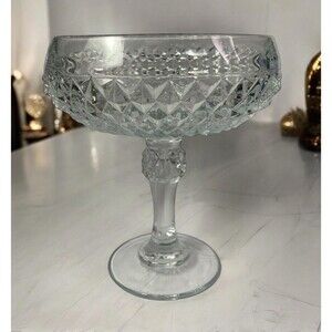 Vintage Indiana Glass Diamond Point Clear Pedestal Tall Candy Dish Compote MCM